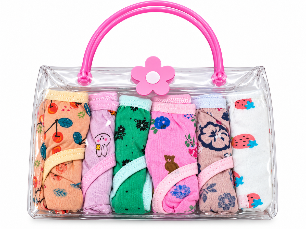 Girls’ Cotton Briefs 6-Pack – Assorted Prints in Clear Tote Bag