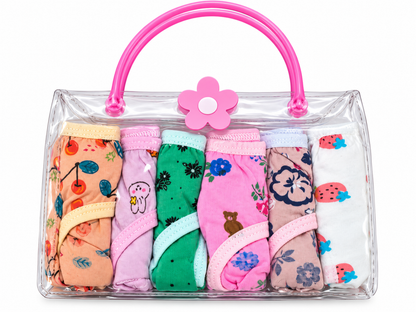 Girls’ Cotton Briefs 6-Pack – Assorted Prints in Clear Tote Bag