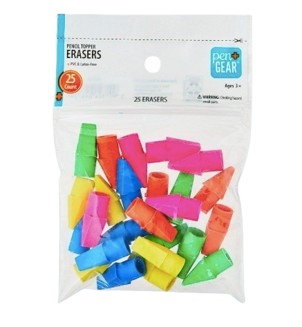 Pen+Gear Pencil Cap Erasers, 25 Count – Assorted Colors, Smudge-Free, Fits #2 Pencils