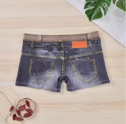 Men's 3D Denim Print Boxer Briefs, Mid-Waist Trunks, Novelty Design with Belt Detail, L-2XL