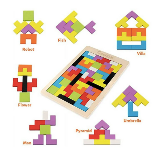 Safe Haven & CO Wooden Tetris Puzzle – Educational Brain Teaser Toy for Kids