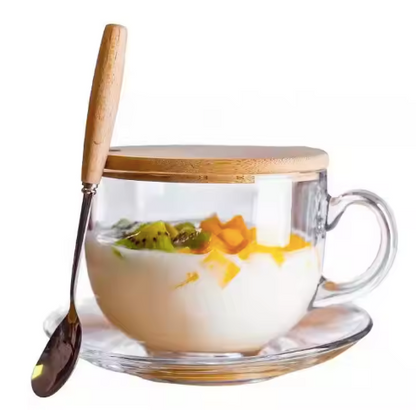 Glass Mug with Wooden Lid & Spoon