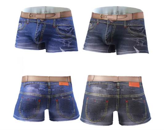 Men's 3D Denim Print Boxer Briefs, Mid-Waist Trunks, Novelty Design with Belt Detail, L-2XL