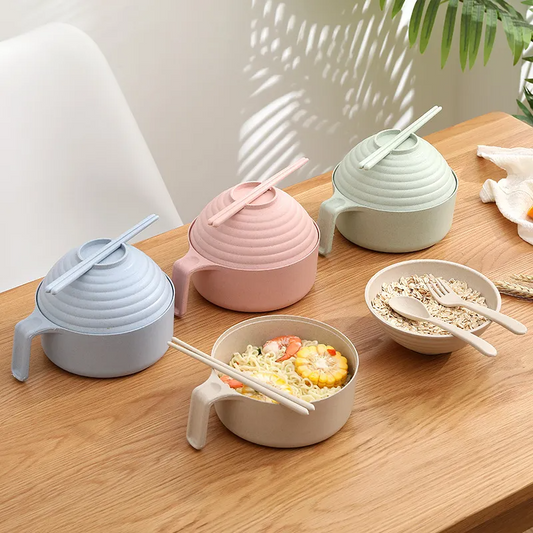Wheat Straw Instant Noodle Bowl with Lid, Fork & Spoon, Handle & Chopsticks