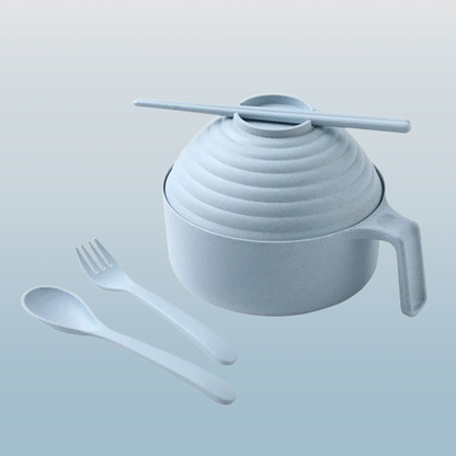 Wheat Straw Instant Noodle Bowl with Lid, Fork & Spoon, Handle & Chopsticks