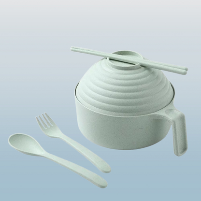 Wheat Straw Instant Noodle Bowl with Lid, Fork & Spoon, Handle & Chopsticks