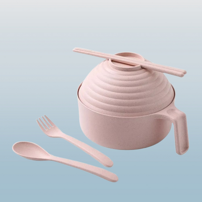 Wheat Straw Instant Noodle Bowl with Lid, Fork & Spoon, Handle & Chopsticks