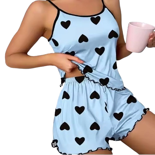 Women’s 2-Piece Heart & Bow Print Pajama Set – Cami Top & Shorts