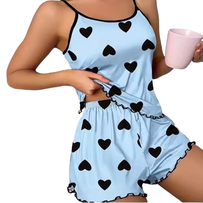Women’s 2-Piece Heart & Bow Print Pajama Set – Cami Top & Shorts