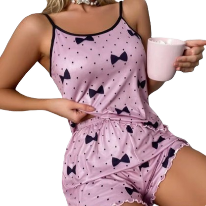 Women’s 2-Piece Heart & Bow Print Pajama Set – Cami Top & Shorts