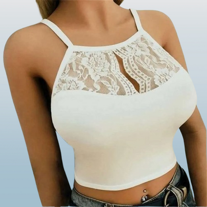 Women’s Lace Patchwork Sleeveless Camisole – Sexy Fitted Halter Crop Top