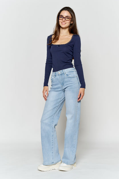 High Rise Wide Leg Jeans with Silver Glitter Effect