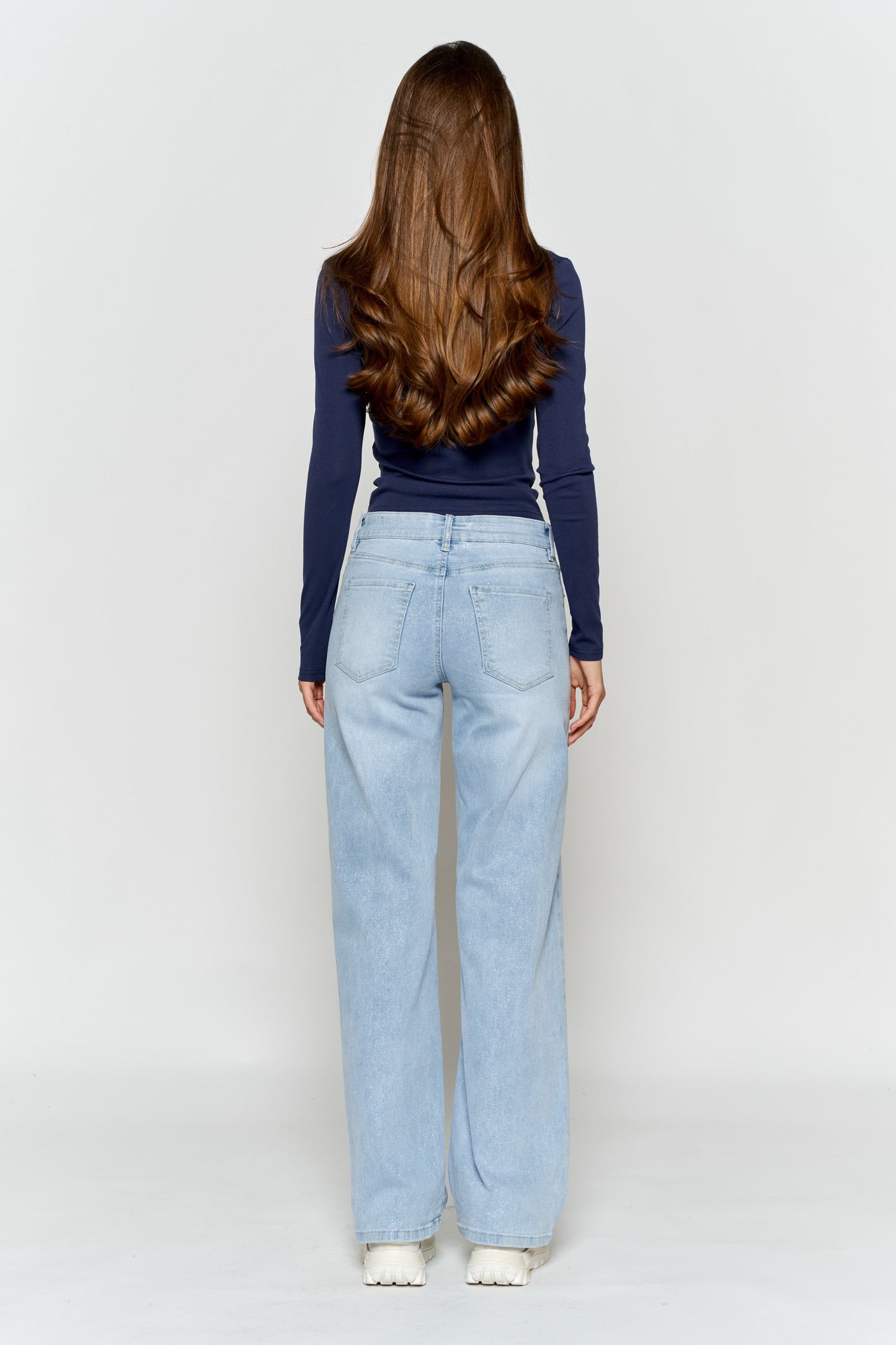 High Rise Wide Leg Jeans with Silver Glitter Effect