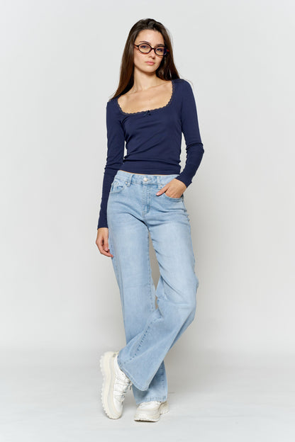 High Rise Wide Leg Jeans with Silver Glitter Effect