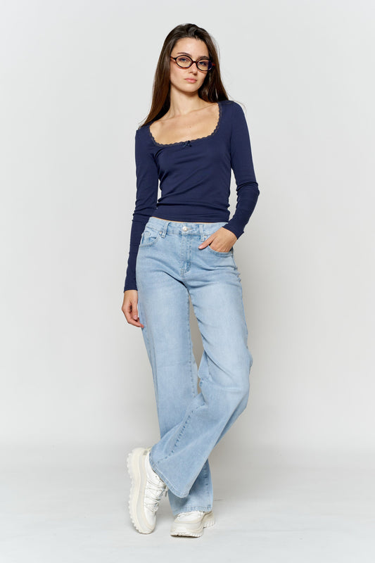 High Rise Wide Leg Jeans with Silver Glitter Effect