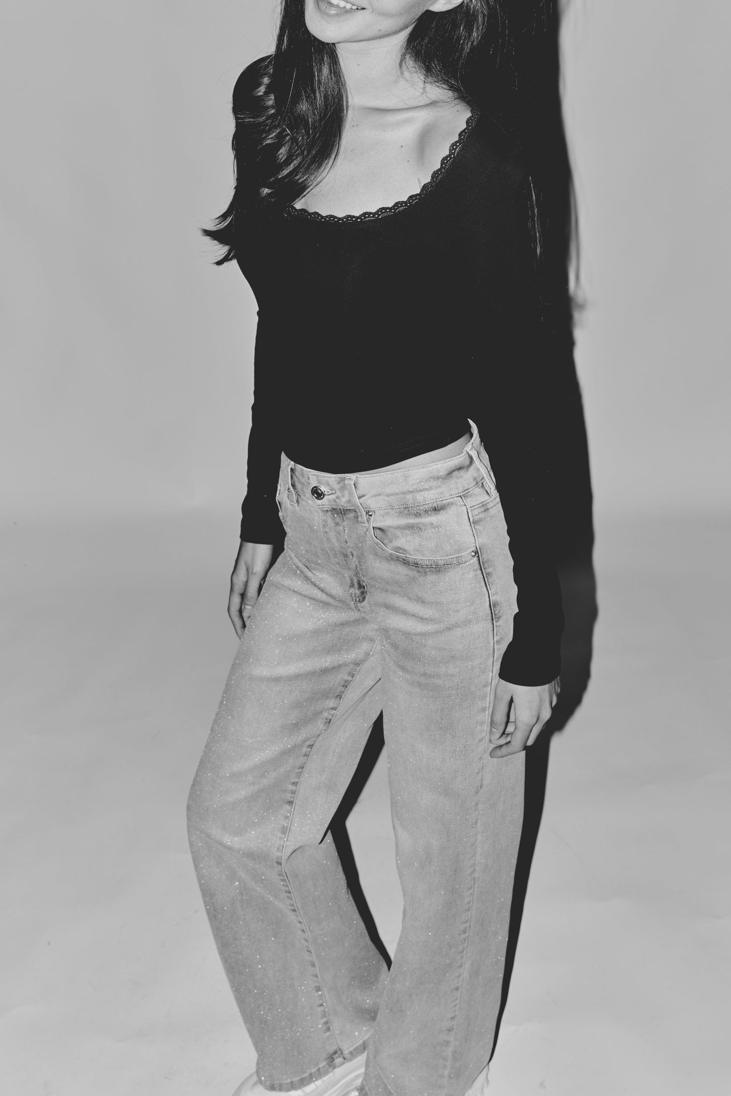High Rise Wide Leg Jeans with Silver Glitter Effect