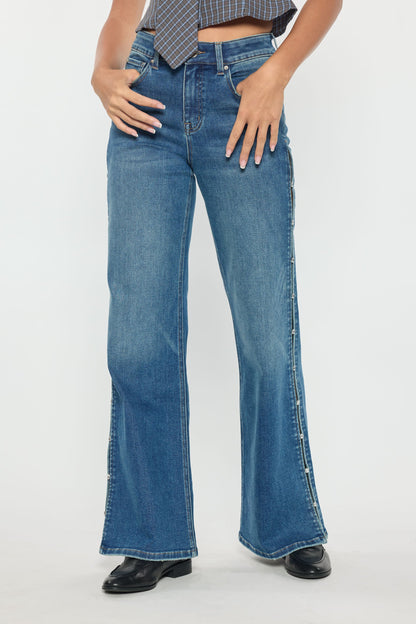 High Rise Wide Leg Jeans with Rhinestone Cutout Detail