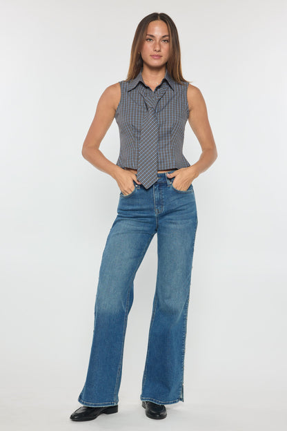 High Rise Wide Leg Jeans with Rhinestone Cutout Detail
