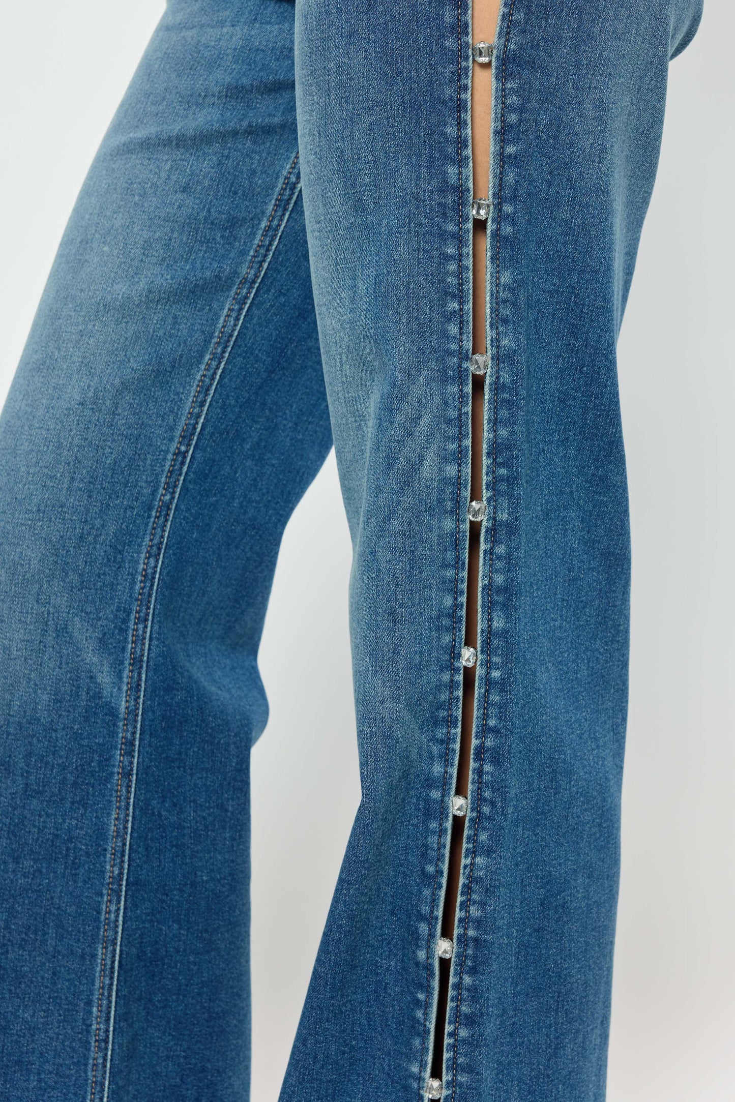 High Rise Wide Leg Jeans with Rhinestone Cutout Detail