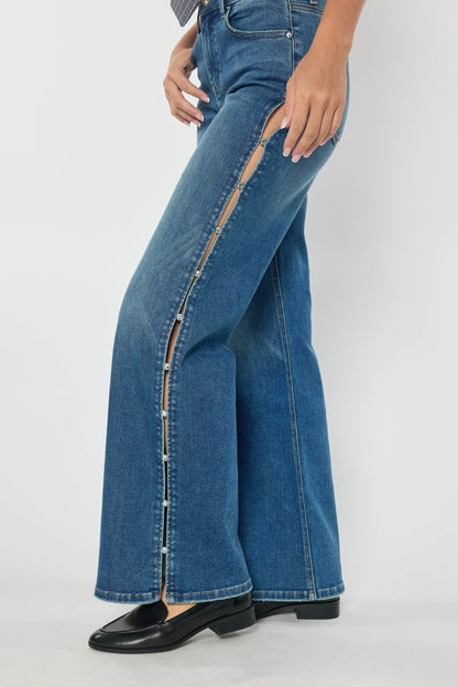 High Rise Wide Leg Jeans with Rhinestone Cutout Detail