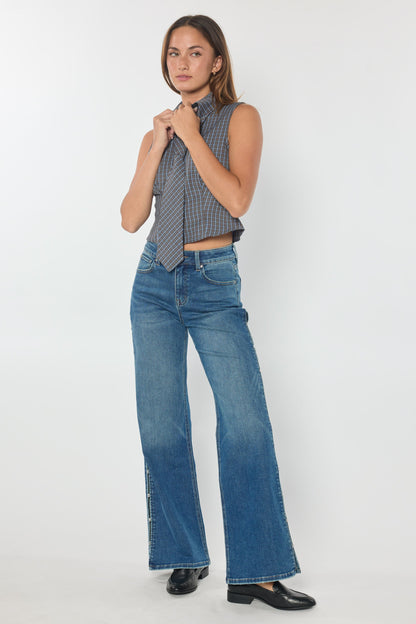 High Rise Wide Leg Jeans with Rhinestone Cutout Detail