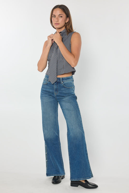 High Rise Wide Leg Jeans with Rhinestone Cutout Detail