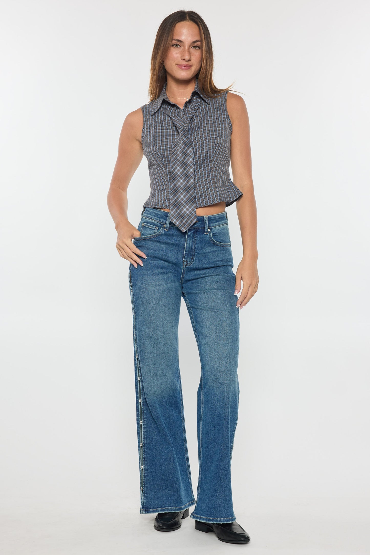 High Rise Wide Leg Jeans with Rhinestone Cutout Detail