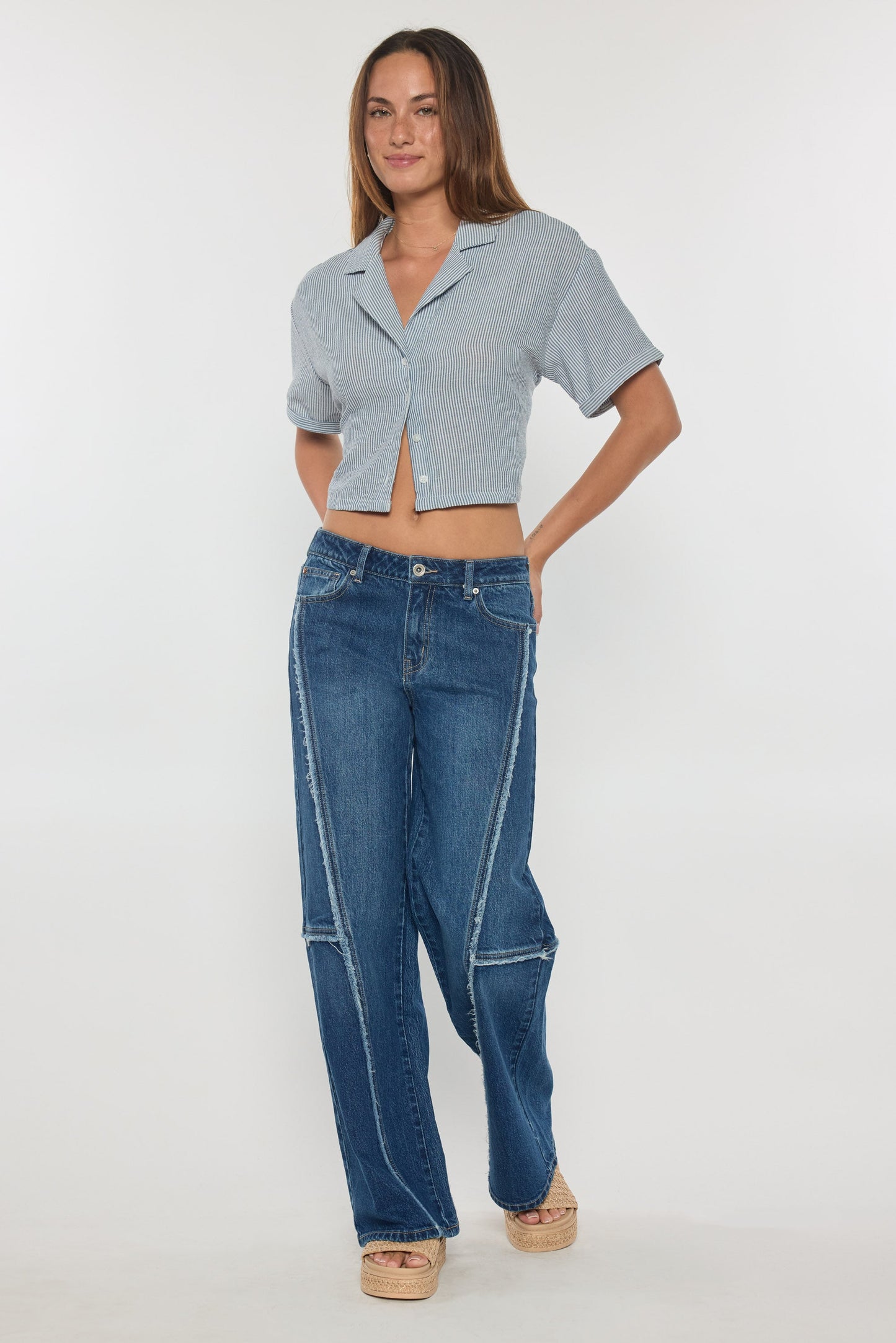 Low Waist Loose Wide Leg Jeans with Fringing Detail