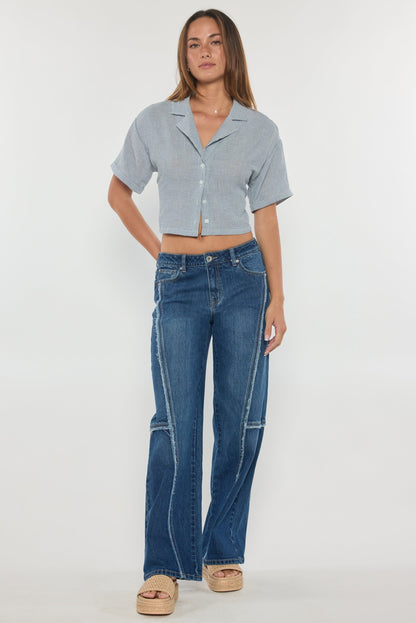 Low Waist Loose Wide Leg Jeans with Fringing Detail