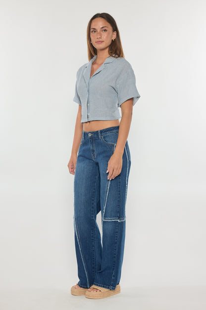 Low Waist Loose Wide Leg Jeans with Fringing Detail