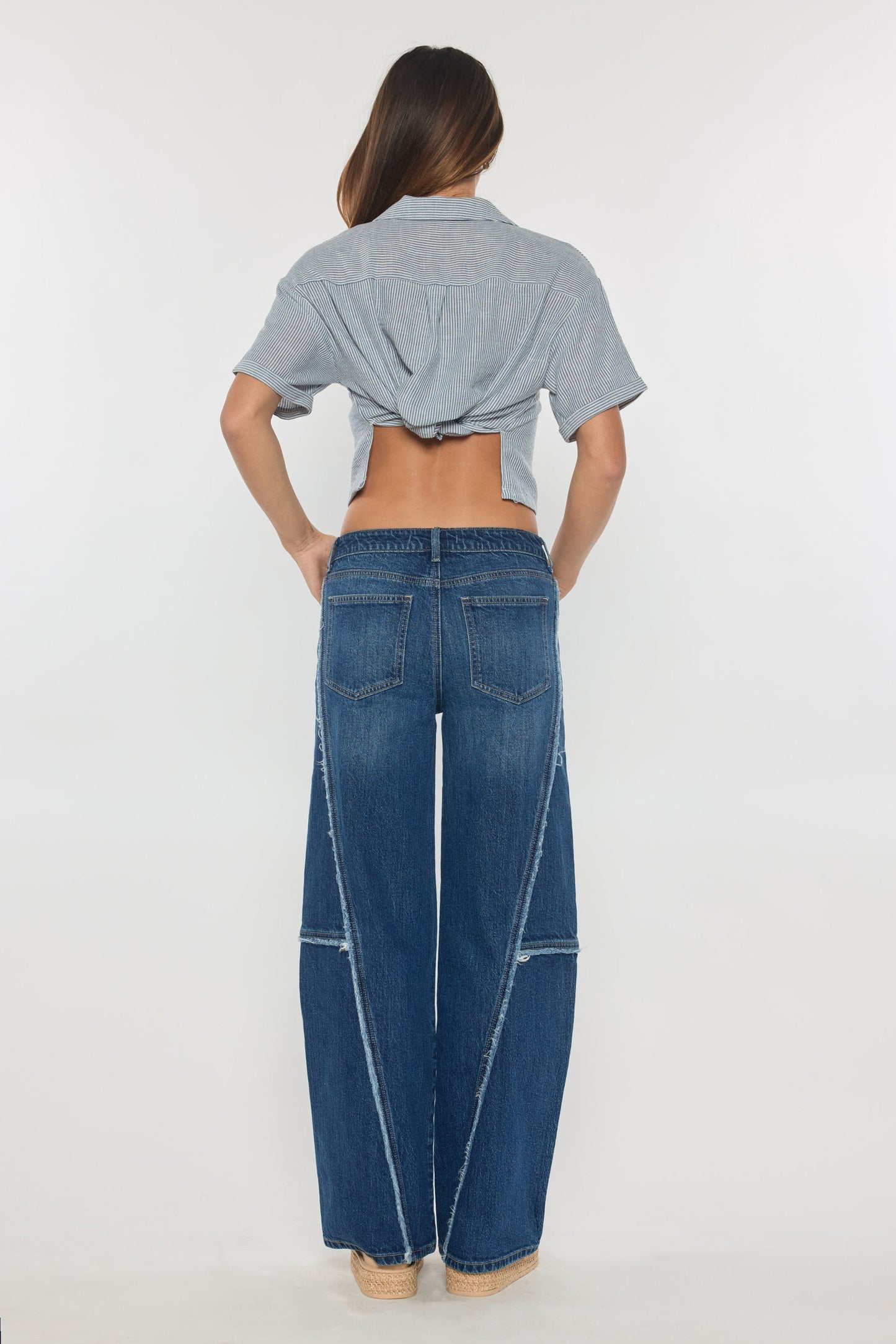 Low Waist Loose Wide Leg Jeans with Fringing Detail