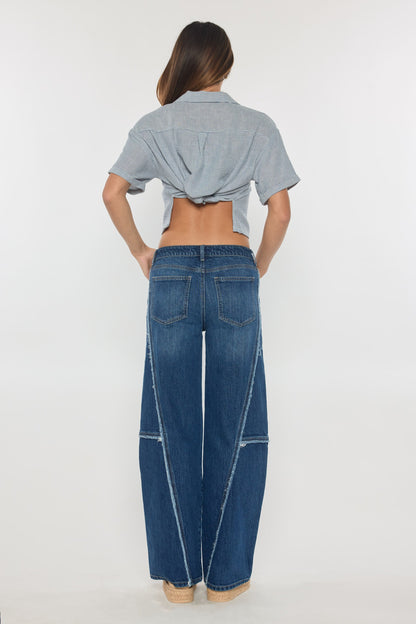 Low Waist Loose Wide Leg Jeans with Fringing Detail