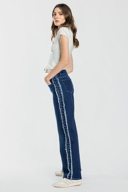 Mid Waist Relaxed Wide Leg Jeans with Side Checker Detail