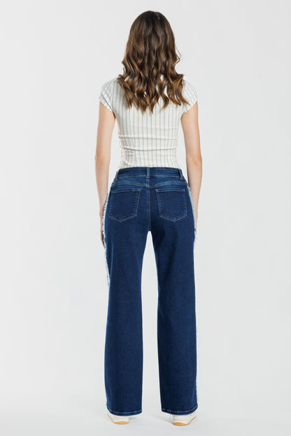 Mid Waist Relaxed Wide Leg Jeans with Side Checker Detail