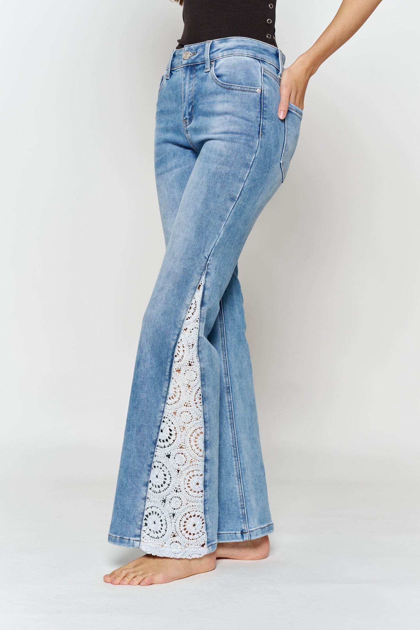 High Rise Wide Leg Jeans with Side Lace Crochet Detail