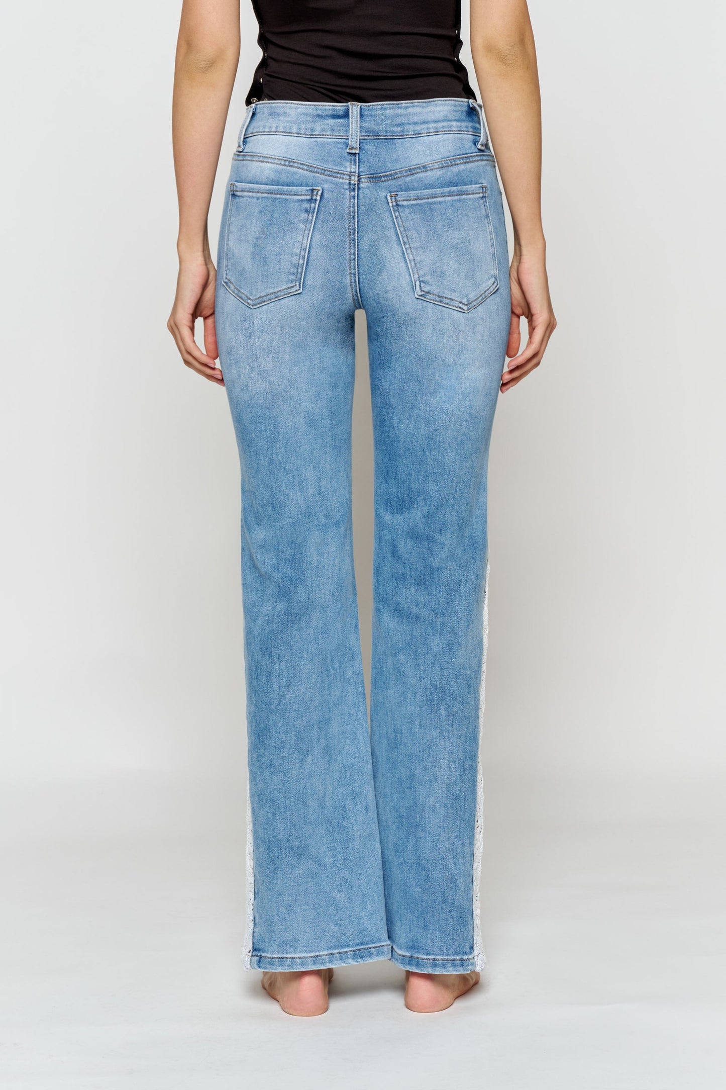 High Rise Wide Leg Jeans with Side Lace Crochet Detail