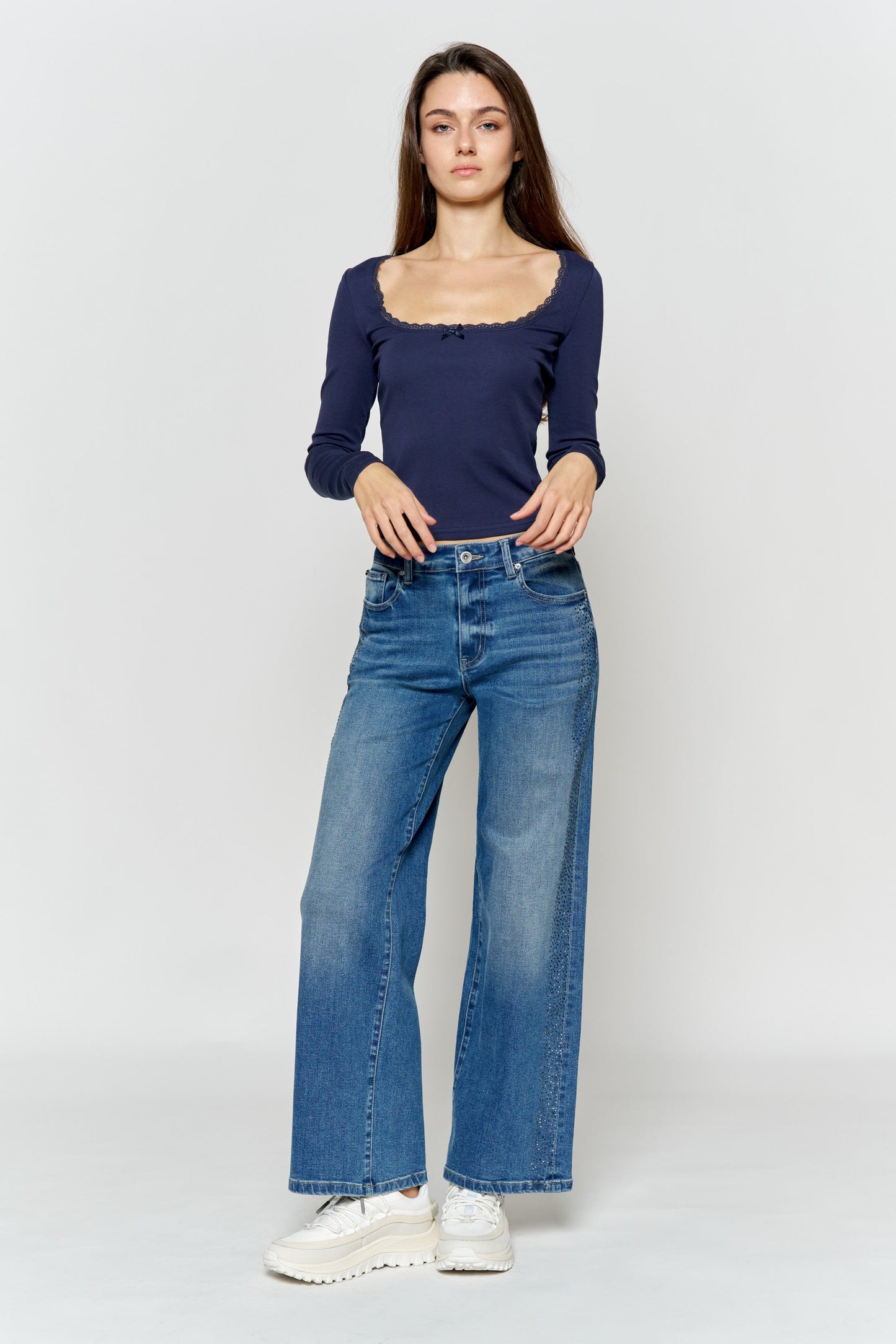High Rise Ankle Wide Leg Jeans with Rhinestone Embellishments Along Side