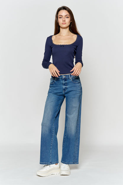 High Rise Ankle Wide Leg Jeans with Rhinestone Embellishments Along Side