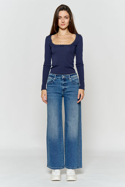 High Rise Ankle Wide Leg Jeans with Rhinestone Embellishments Along Side