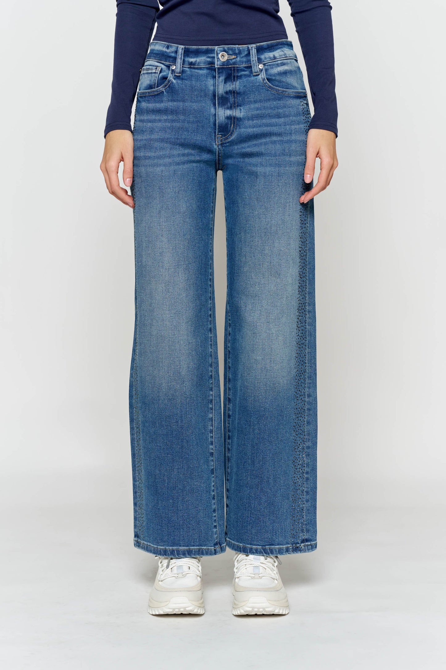 High Rise Ankle Wide Leg Jeans with Rhinestone Embellishments Along Side