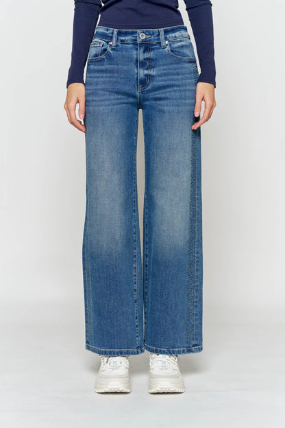 High Rise Ankle Wide Leg Jeans with Rhinestone Embellishments Along Side