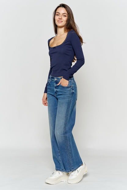 High Rise Ankle Wide Leg Jeans with Rhinestone Embellishments Along Side