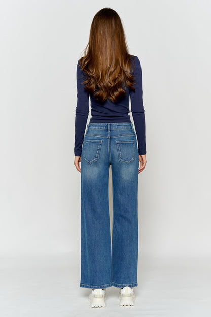 High Rise Ankle Wide Leg Jeans with Rhinestone Embellishments Along Side
