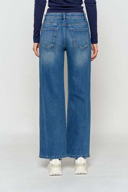 High Rise Ankle Wide Leg Jeans with Rhinestone Embellishments Along Side
