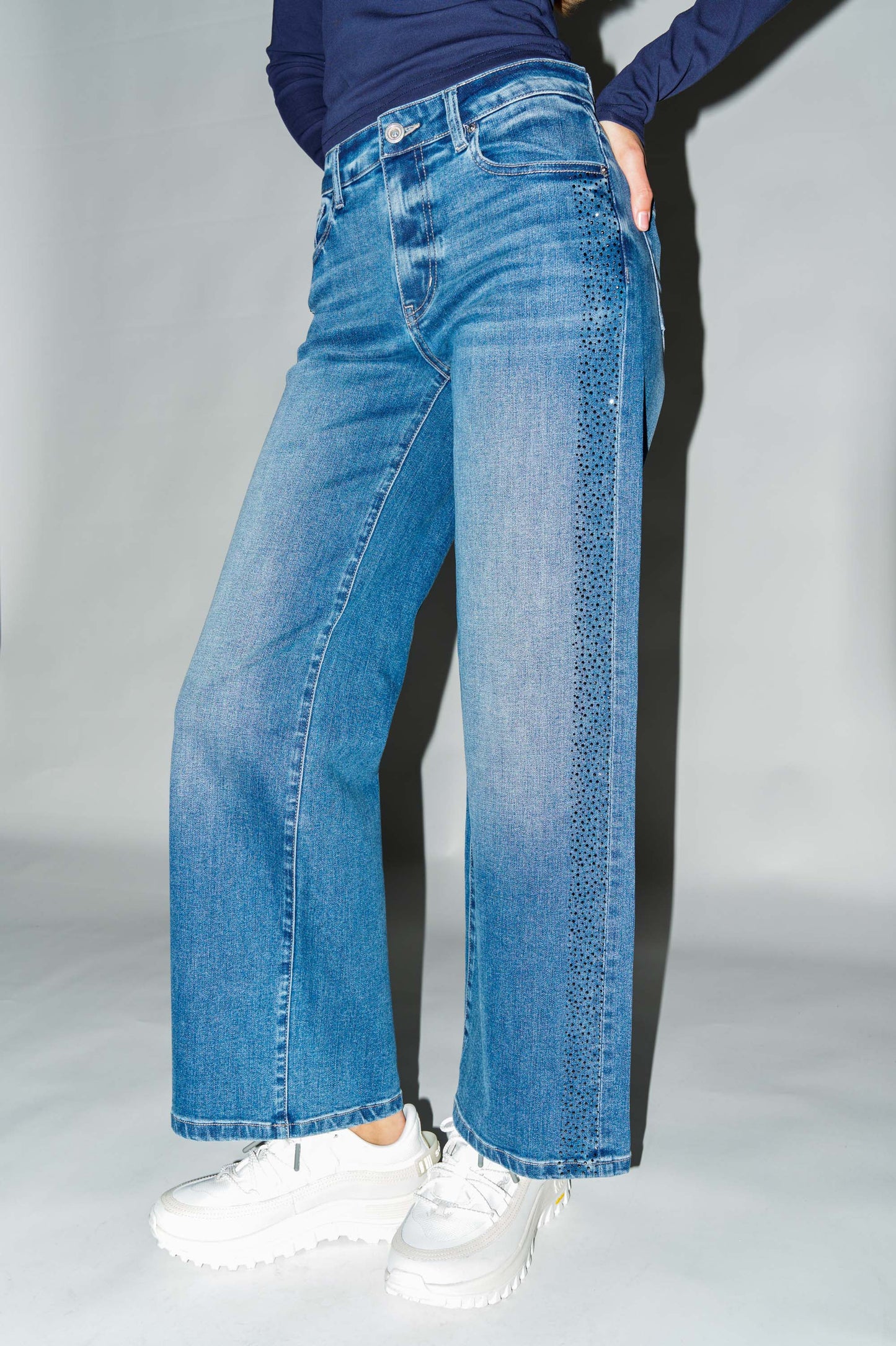 High Rise Ankle Wide Leg Jeans with Rhinestone Embellishments Along Side