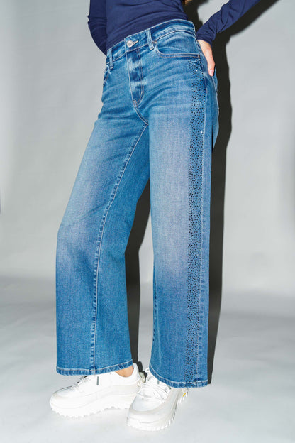 High Rise Ankle Wide Leg Jeans with Rhinestone Embellishments Along Side