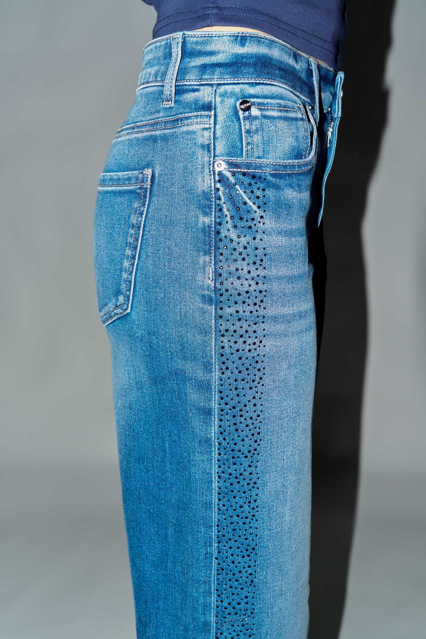 High Rise Ankle Wide Leg Jeans with Rhinestone Embellishments Along Side