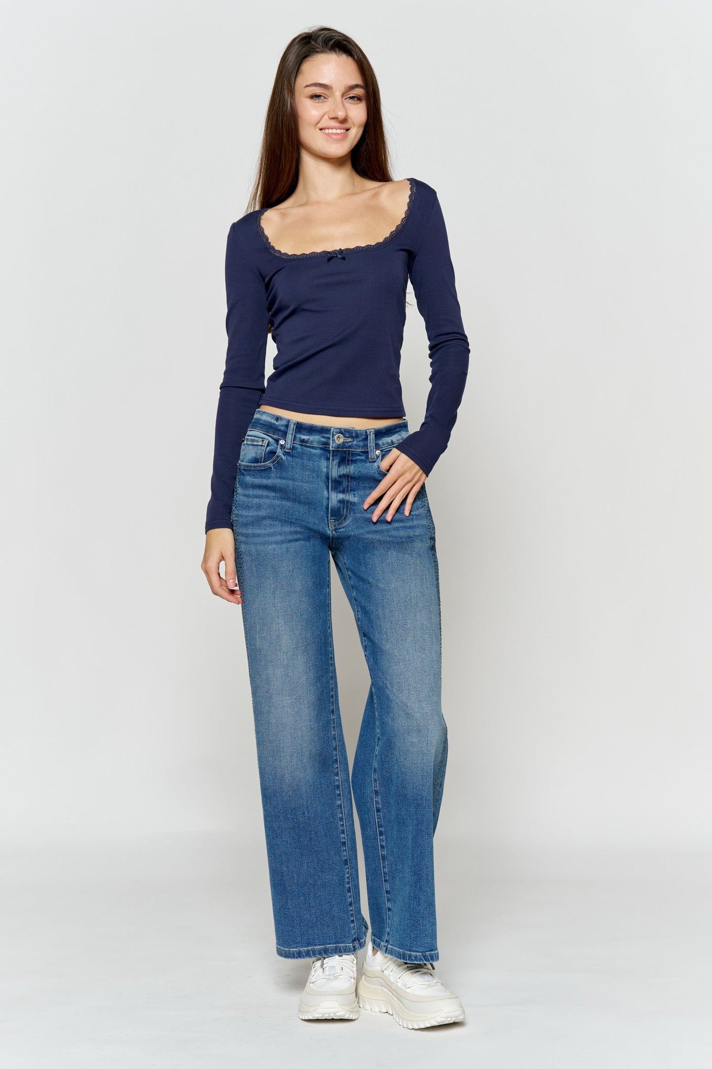 High Rise Ankle Wide Leg Jeans with Rhinestone Embellishments Along Side