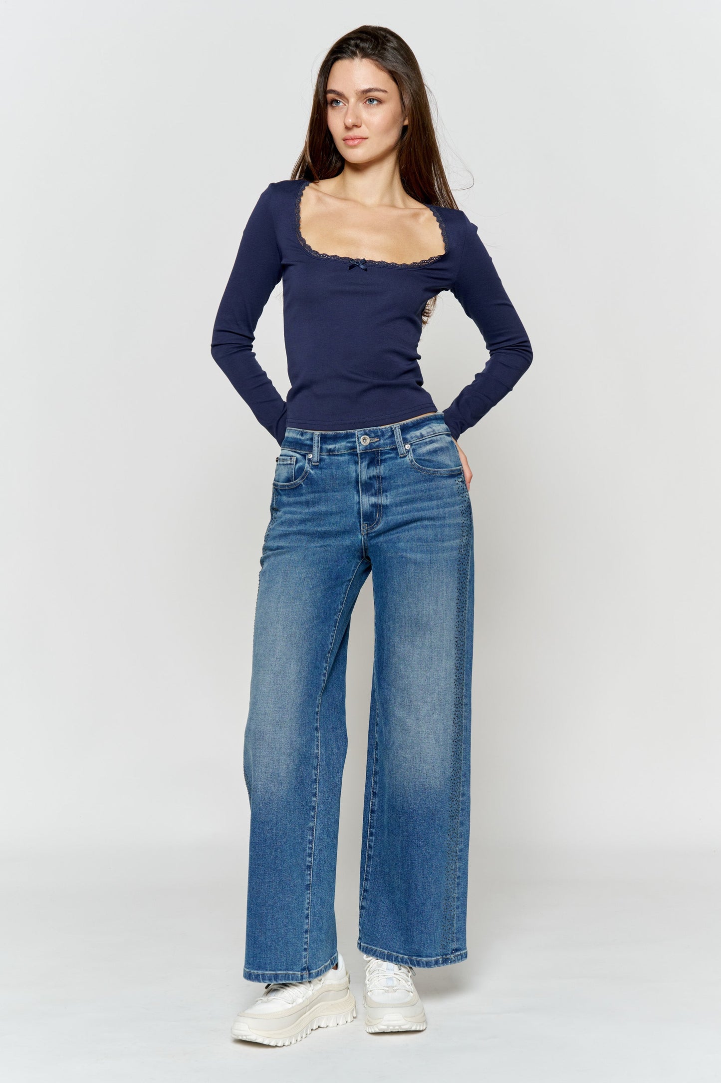 High Rise Ankle Wide Leg Jeans with Rhinestone Embellishments Along Side