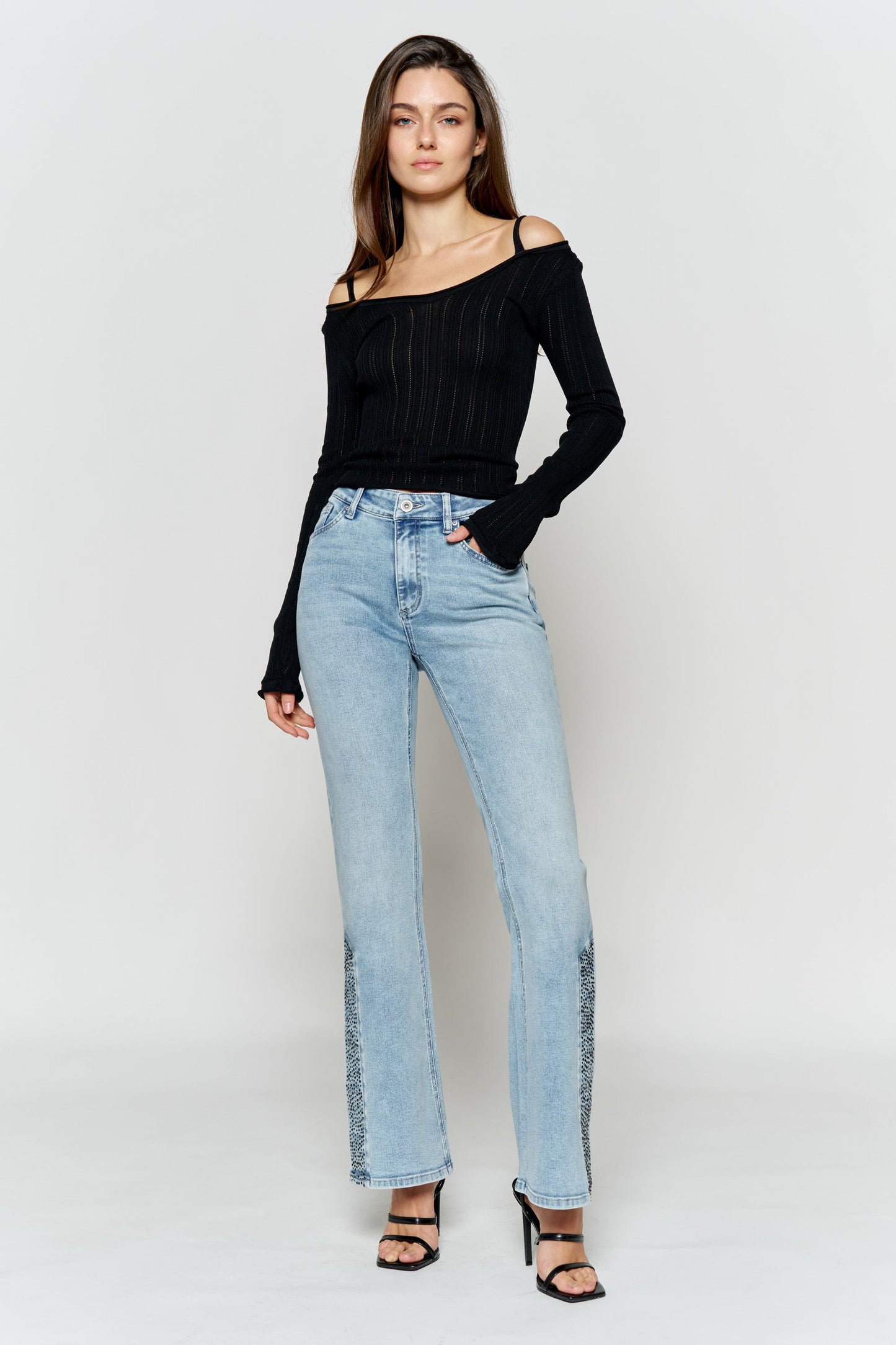 High Rise Slim Wide-Leg Jeans with Side Slit Rhinestone Detail